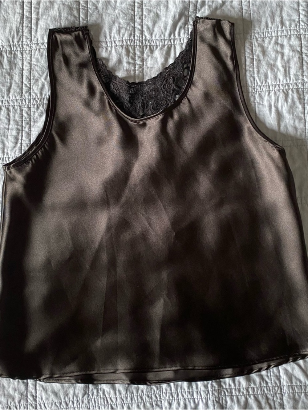 Black Lace-Trim Satin Camisole Tank Top M Office Siren Feminine Romantic Vintage - Picture 7 of 9